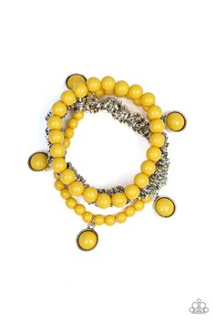 Dainty yellow beads, slightly larger yellow beads, and a rock of interlocking silver links are threaded along stretchy bands, creating three colorful layers around the wrist. Featuring sleek silver fittings, matching yellow beaded frames swing from the wrist for a whimsical finish. Sold as one set of three bracelets. P9SE-YWXX-099XX Yellow Bracelet, Bead Frame, Yellow Bee, Mobile Boutique, Paparazzi Accessories, Stretchy Bracelets, Paparazzi Jewelry, A Rock, Good Vibes Only