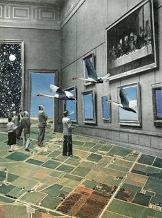 several people looking at birds flying in the air over a room with pictures on the wall