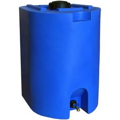 a blue water tank with a black cap on the top and nozzles in it