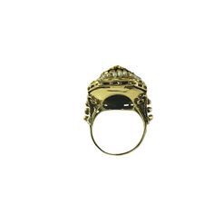 10 Karat Yellow Gold Onyx and Seed Pearl Ring Size 7  This elegant ring features one oval onyx stone (14 mm x 12.5 mm), 36 seed pearls and one clear stone set in meticulously detailed 10K yellow gold.    Top of ring measures 24 mm x 19 mm.  Shank: 2.5 mm.  Tested 10K gold.  Ring Size: 7  Weight:  7.5 dwt. /  11.7 gr.  Very good condition, professionally polished.  Will come packaged in a gift box or pouch (when possible) and will be shipped U.S. Priority Mail Insured. Formal Gold Cabochon Signet Ring, Gold Oval Cabochon Diamond Ring For Formal Occasions, Gold Diamond Ring Oval Cabochon For Formal Occasions, Victorian Oval Pearl Ring With Gemstone, Formal Gold Diamond Ring With Oval Cabochon, Formal Multi-stone Oval Cabochon Jewelry, Ceremonial Oval Cabochon Rings, Gold Oval Cabochon Diamond Ring, Gold Oval Dome Ring With Gemstone