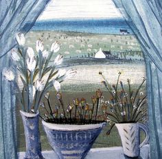 a painting of flowers in vases sitting on a window sill by the beach