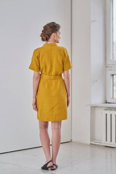 "MsWrinkle's clothing - from human to human. 100% handmade. *Description* - Kimono sleeve wrap dress with belt and pockets; - High quality European linen; - Washed and softened (doesn't shrink anymore); - Medium weight linen (150 g/m2); - Our linen is OEKO-TEX certified that meets human ecological safety requirements; - Model is wearing size S in honey yellow and forest green color (other sizes and colors please choose on the right); - Not transparent; - Not ironed and we suggest to use tumble d Fitted Belted Linen Dress, Linen Tie Waist Dress For Work, Linen Workwear Dress With Tie Waist, Knee-length Linen Belted Dress, Fitted Linen Dress With Short Sleeves For Work, Fitted Short Sleeve Linen Dress For Work, Fitted Linen Belted Shirt Dress, Relaxed Fit Belted Linen Dress, Fitted Belted Linen Dress For Daywear