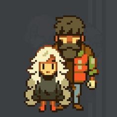 an old pixel art style image of two people, one with a beard and the other wearing