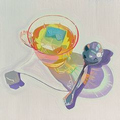 a painting of a glass bowl and spoon on a plate with other items in it