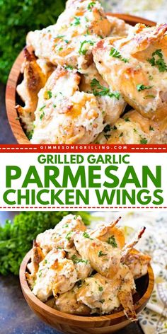 grilled garlic parmesan chicken wings in a wooden bowl with text overlay