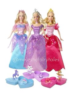 three barbie dolls are standing next to each other in their princess dresses and shoes, one is wearing a tiara while the other wears flip flops