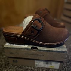 Brand: Born Size: 9m Style: Slip On, Clog, Buckle, Lightly Cushioned Footbed Materials: Suede Leather Upper, Suede Lining, Rubber Outsole Heel Height: 2 Inch Condition: New, Unworn, But Toes Are Slightly Scuffed From Shoe Box (See Photo), In Original Shoe Box Brown Clogs With Buckle Closure, Medium Width, Brown Closed Toe Mules With Arch Support, Brown Synthetic Clogs With Buckle Closure, Comfortable Brown Mules With Buckle Closure, Brown Synthetic Clogs With Arch Support, Brown Clogs, Casual Slip On Shoes, Black Leather Wedges, Brown Leather Heels