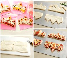 the process of making homemade pizzas is shown in four different stages, including cutting and decorating them