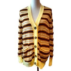 Urban Outfitters S Nwt Alston Yellow Brown Striped Distressed Oversized Cardigan Nice, Oversized, Distressed Cardigan, Yellow/Brown Stripes, 5 Button Closure, Pockets Dress Form In Photos Is A Medium Form With A Bust Of 34.5" Approximate Measurements While Laying Flat Armpit To Armpit - 21.5" Length - 29.5" Casual Yellow Cardigan For Day Out, Retro Yellow Cardigan For Spring, Yellow Retro Cardigan For Spring, Distressed Cardigan, Oversized Cardigan, Dress Form, Pocket Dress, Yellow And Brown, Sweaters & Cardigans