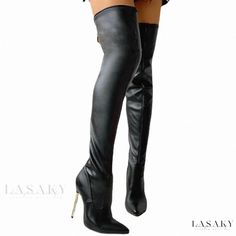 Lasaky - Pointed-toe Black Over-the-Knee Boots with Inner Heel Padding and Fashionable Adhesive Sole Fitted Knee-high Closed Toe Boots For Winter, Fitted Knee-high Boots With Closed Toe For Winter, Fitted Faux Leather Heeled Boots With Closed Toe, Fitted Faux Leather Closed Toe Heeled Boots, Fitted Closed Toe Knee-high Boots, Fitted Black Knee-high Boots With Round Toe, Black Fitted Knee-high Boots With Round Toe, Plus Jumpsuit, Super High Heels