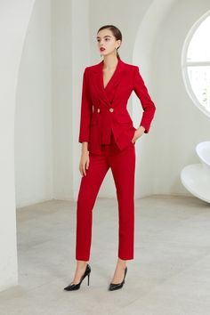 Red Three Button Layer Pantsuit Peak lapels; front button blazer V-Neck, Long sleeves; button cuffs. Structured shoulders. Chest welt pockets. Hip flap pockets Polyester 100% lining Imported Brand - Aision Model Number - 203180C1 Evening Pant Suits Red, Luxury Red Blazer For Semi-formal Occasions, Luxury Red Suits For Business Casual, Luxury Red Blazer For Office, Luxury Casual Red Blazer, Luxury Red Fitted Unstitched Suit, Luxury Red Unstitched Women's Suit, Luxury Red Three-piece Business Suit, Luxury Red Women's Suits