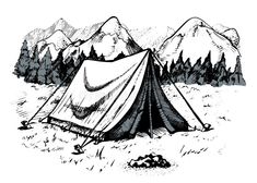 a drawing of a tent in the wilderness with mountains and trees behind it, black and white