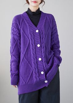 Cozy Purple V Neck Button Thick Knit Cardigan FallFabric: Knit BlendedSize & Fit: Fit: This garment fits true to size.Length: Size XL measures 30.03"from shoulder to hemBust: Great for any cup size. Waist: Loose Fit. Comfortable room throughout midsection.Hip: Loose Fit - room for hips. Hand Wash Cold. Thick Knit Cardigan, Fall Cardigans, Comfortable Room, Fall Fabric, Cup Size, Knit Cardigan, Custom Made, Loose Fitting, Hand Wash