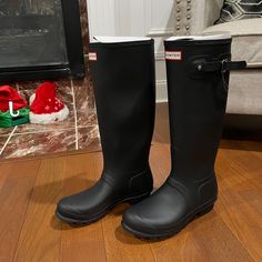 Black Size 9 Nwt Tall Hunter Boots Never Worn Black Waterproof Rain Boots With Round Toe, Black Knee-high Waterproof Boots For Outdoor, Black Knee-high Boots For Outdoor, Black Waterproof Knee-high Boots, Black Knee-high Waterproof Boots, Black Ankle-high Rain Boots For Winter, Black Waterproof Closed Toe Rain Boots, Black Waterproof Rain Boots, Black Rain Boots For Fall Outdoor Activities