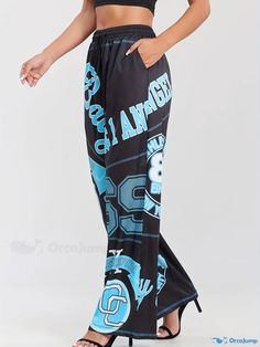 Orcajump - Plus Size Street Style Pants, Women's Plus Letter & Number Print Elastic Drawstring High Rise Wide Leg Trousers Blue Pants With Letter Print For Summer, Summer Blue Pants With Letter Print, Summer Long Pants With Letter Print, Style Pants Women, Street Style Pants, Plus Size Street Style, Style Pants, Wide Leg Trousers, Spring And Fall