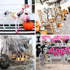 halloween decorations are displayed on the front porch