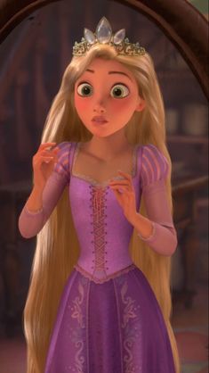 rappui from tangled dress with tiara looking at the camera in front of an oval mirror