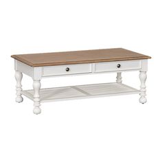 a white coffee table with two drawers