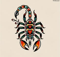 a scorpion tattoo design with hearts on it's back and claws in the middle