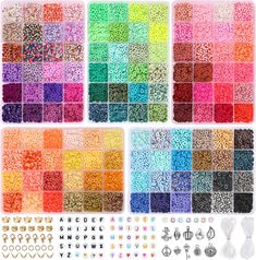 various colors of beads and other items for making beaded bracelets, necklaces and earrings