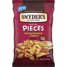 Snyder's of Hanover Pretzel Pieces, Honey Mustard and Onion, 8 Ounce Bag (Pack of 6) Snyder's of Hanover Pretzel Pieces are Sourdough Hard Pretzels baked to perfection then broken into generous chunks, and coated with Honey Mustard & Onion Seasoning. They are bursting with intense flavor and delicious crunch for the perfect snack. And they're a baked alternative to potato chips with 0g trans fat, no MSG, and made in a facility that does not process peanuts. You'll love... Snyders Pretzels, Sourdough Pretzels, Mustard Pretzels, Honey Mustard Pretzels, Lunch Snacks, Honey Mustard, Pretzels, Potato Chips