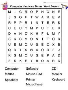 the computer hardware word search is shown in this image, with other words on it