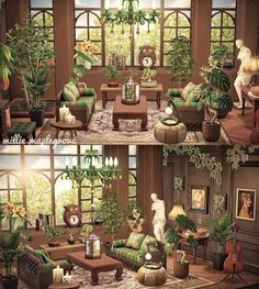 two pictures of a living room with plants and furniture