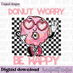 Donut Character, Donut Clipart, Donut Worry Be Happy, Checkered Background, Donut Worry, Pink Donut, Heart Shaped Glasses, Pink Donuts, Mugs Stickers