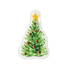 a glass ornament with a green christmas tree on it's side and a gold star