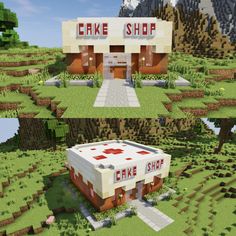 two different images of a cake shop in minecraft