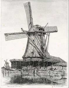 an old drawing of a windmill in the water