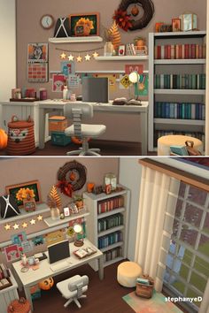 two pictures of the same room with bookshelves, desks and other items