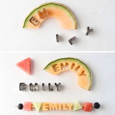 some type of magnets with the words family spelled in them and two pictures of different fruits