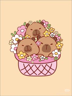 three teddy bears are sitting in a basket with flowers on the bottom and one has its eyes closed