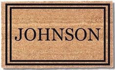 a door mat with the word, johnson in black and white letters on it