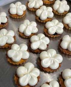 there are many small white flowers on top of the cupcakes that have been frosted with icing