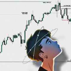 a woman's head is shown in front of a stock chart with an upward arrow