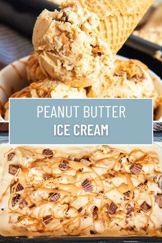 peanut butter ice cream in a pan with the text overlay that reads, peanut butter ice cream