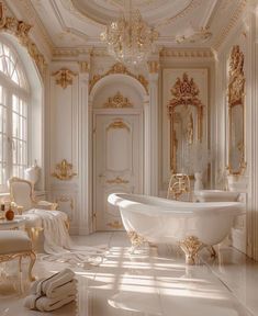 an ornate bathroom with white and gold fixtures, chandelier, tub and chair