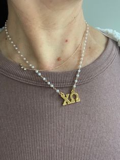 "Free shipping on this Adorable Chi Omega sorority necklace.  This piece consists of a silver tone or gold tone attached Chi Omega pendant, attached to a tiny beaded faux pearl rosary chain.  This piece measures 14\", 16\" or 18\" in length.   Multiples are available, please just ask!  Large order discounts, just send me a conversation!" Chi Omega Merch, Sorority Pics, Sorority Merch Ideas, Sorority Necklace, Tri Delt, Omega Necklace, Chi Omega Sorority, Sorority Jewelry, Big Lil