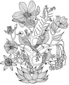 birds sitting on top of a tree surrounded by leaves and flowers