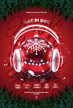 christmas party flyer with headphones and snowflakes