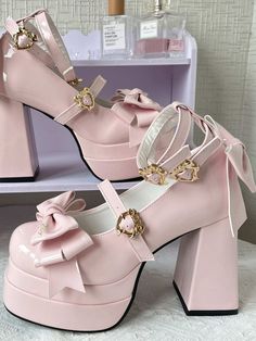 Blush Pink Platform Heels, Lolíta Shoes, Pink Shoes Aesthetic, Babydoll Shoes, Platform Heels Pink, Coquette Shoes, Bow Decorations, Pink Platform Heels, Painted Canvas Shoes