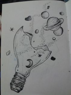 a drawing of a light bulb with planets and stars in the sky around it,