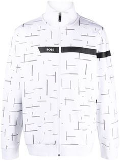 optical white/jet black/medium grey stretch-cotton knitted construction all-over graphic print embossed logo-tape detailing high neck front zip fastening drop shoulder long sleeves ribbed cuffs and hem two side zip-fastening pockets straight hem unlined Modern White Sweatshirt With Ribbed Cuffs, White Long Sleeve Sweatshirt With All Over Print, White Sweatshirt With All Over Print For Winter, White Crew Neck Track Jacket For Fall, White All Over Print Winter Sweatshirt, White Winter Sweatshirt With All Over Print, Winter White Sweatshirt With All Over Print, Modern White Sweatshirt For Fall, White Graphic Print Track Jacket For Fall