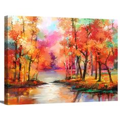 an abstract painting of trees and water in the fall with oranges, yellows, and reds