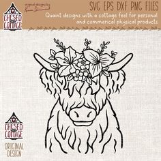 a cow with flowers in it's hair and the words svg eps dxf