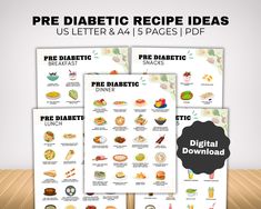 Created by a seasoned pharmacist, this Pre Diabetic Meal Ideas simplifies low sugar food diet and offers personalized guide for optimal management of Pre Diabetes. Containing low carb foods, this printable meal ideas is suitable as a reference for Pre Diabetic diet meal plan and grocery list.  Perfect Prediabetes food list for patients, doctors, dietitians and nutrition coach. IMPORTANT PLEASE NOTE ❖ This Prediabetes Chart is a digital copy. No physical item will be shipped ❖ No Refunds are available on instant download items  ❖ The customer is responsible for downloading the documents WHAT'S INCLUDED? 2 PDF files ❖ US Letter  ❖ A4  Inside: ❖ Breakfast Ideas ❖ Lunch Ideas ❖ Dinner Ideas ❖ Snack List ❖ Beverage List HOW TO DOWNLOAD 2 ways:  1. Download Link sent to your Etsy-registered emai Food Meal Plan, Low Carb Food, Drink List, Healthy Eating Diets, Low Sugar Recipes