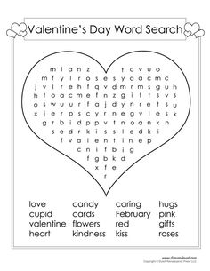 valentine's day word search is shown in the shape of a heart with words