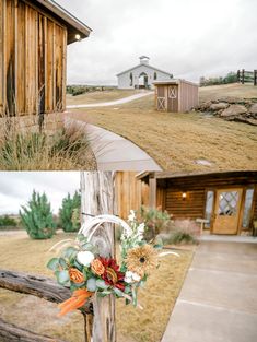 the wedding bouquet is on top of a wooden post in front of an old barn